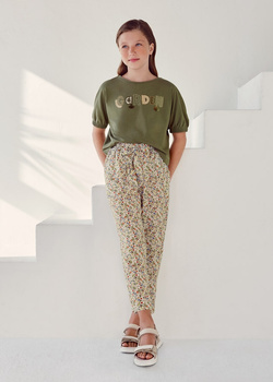 Mayoral junior 6573-042 Długie spodnie dla dziewczynki z nadrukiem w kwiaty beż