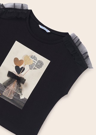 Mayoral Junior 6043-059 Bluzka z nadrukiem i tiulem dla dziewczynki Czarna