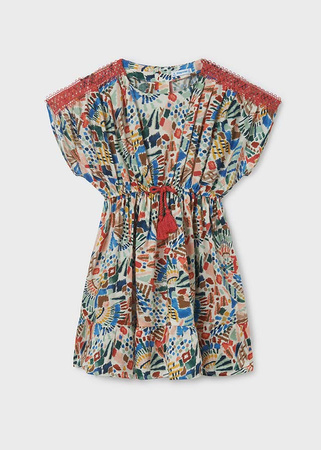 Mayoral Junior 6923-079 Wzorzysta sukienka bawełniana dla dziewczynki Blanco