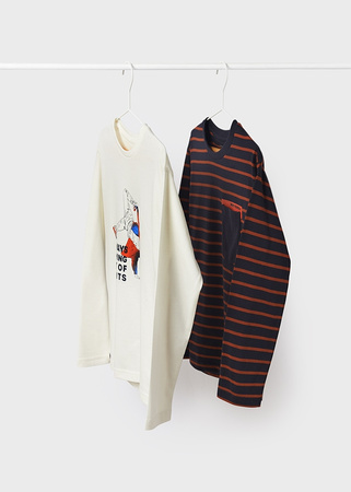 Mayoral Junior 7009-079 Zestaw 2 koszulek chłopięcych z długim rękawem ECOFRIENDS Ecru i czarna paski
