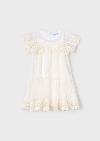 Mayoral Mini 3909-037 Sukienka tiulowa haftowana Hueso