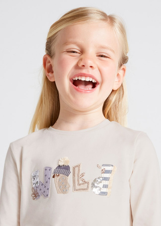 Mayoral mini 4035-063 Koszulka z długim rękawem z grafiką cekinową dla dziewczynki ECOFRIENDS beżowa