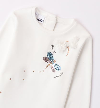 Ido 4A651/00 Koszulka z długim rękawem z nadrukiem i z dżetami dla dziewczynki Ecru