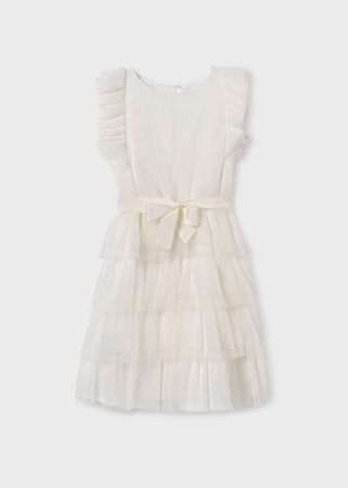 Mayoral Junior 6994-006 Sukienka z tiulowymi falbankami  Crudo